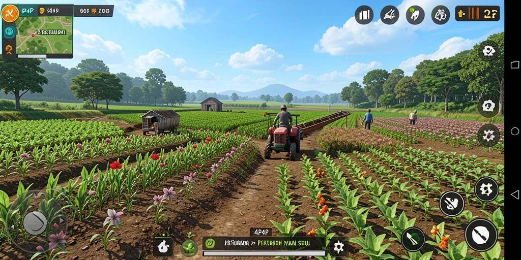 Screenshot gameplay 4P4P menampilkan kebun yang subur dan aktif.