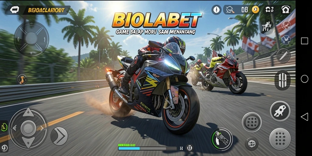 Tangkapan layar gameplay BIOLABET menampilkan balapan motor yang seru dan kompetitif.