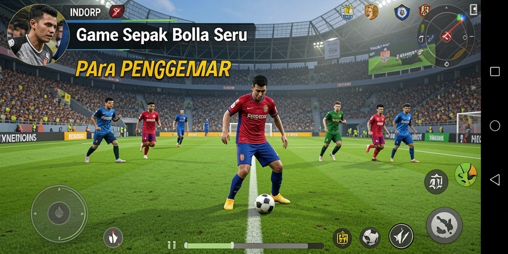 Tampilan gameplay seru dalam permainan sepak bola INDORP menunjukkan aksi di lapangan.