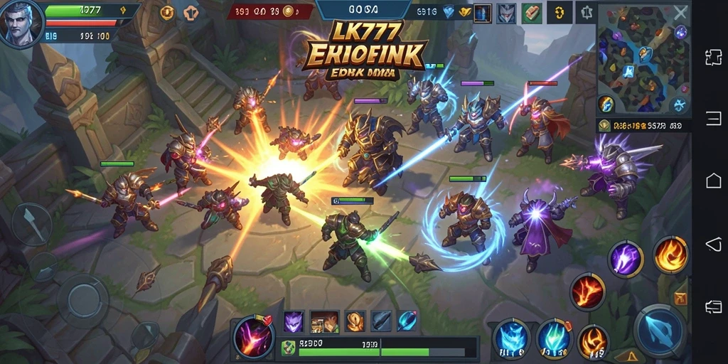 Screenshot LK777 menampilkan aksi seru pertarungan MOBA.