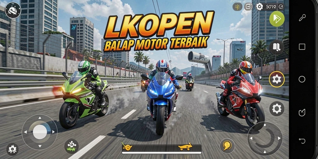 Screenshot menunjukkan aksi balapan cepat di LKOPEN dengan motor yang menakjubkan.