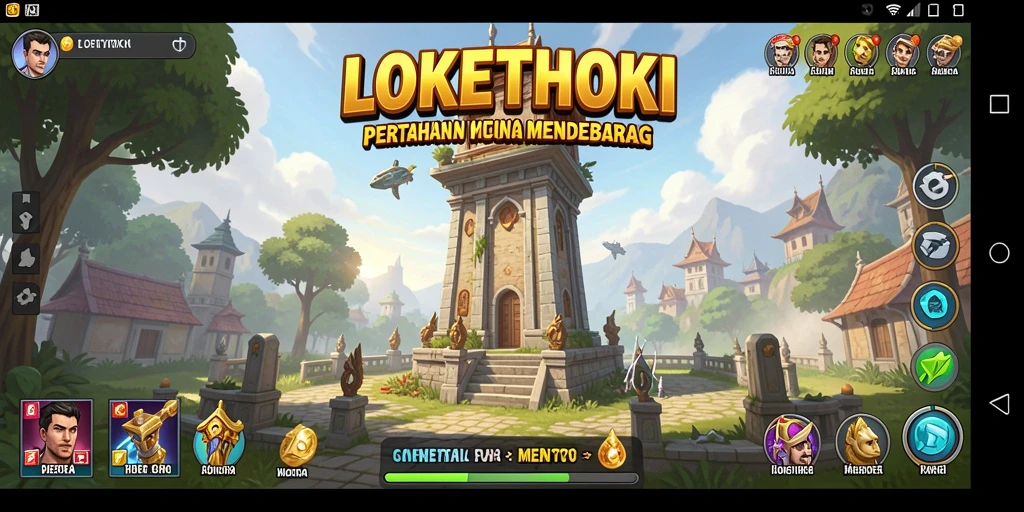 Screenshot gameplay LOKETHOKI yang menunjukkan menara dalam aksi melawan musuh.