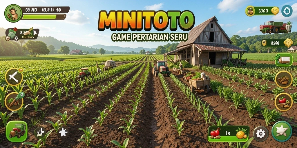 Tampilan gameplay <strong>MINITOTO</strong> yang menarik dan penuh warna, menampilkan ladang dan aktivitas bertani.