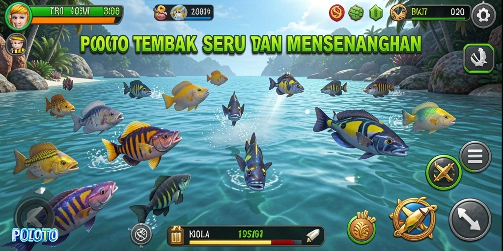 Screenshot POLOTOTO menunjukkan aksi seru menembak ikan.