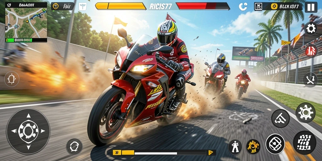 Screenshot gameplay RICIS77 menampilkan balapan motor yang menegangkan dan grafis menawan.