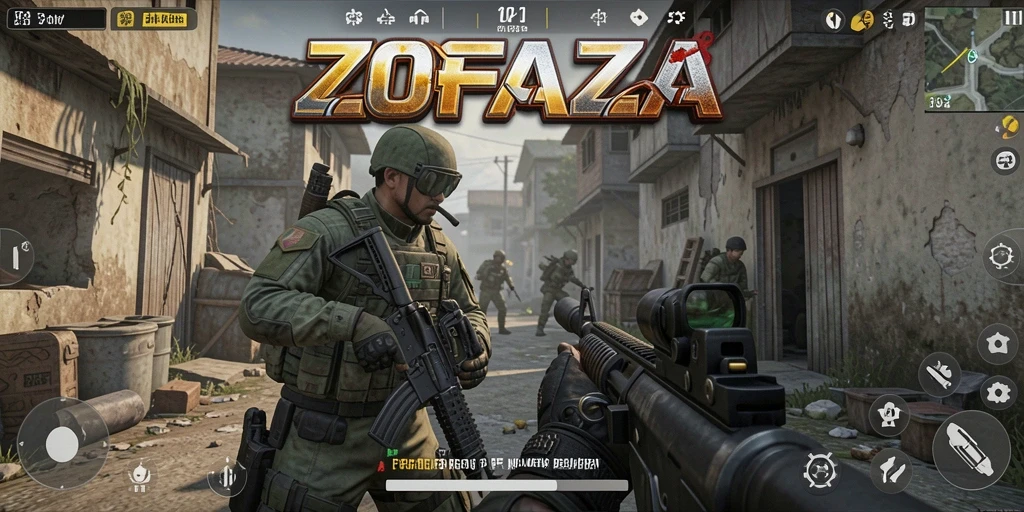 Screenshot gameplay <strong>ZOFAZA</strong> dengan aksi mendebarkan di medan perang.
